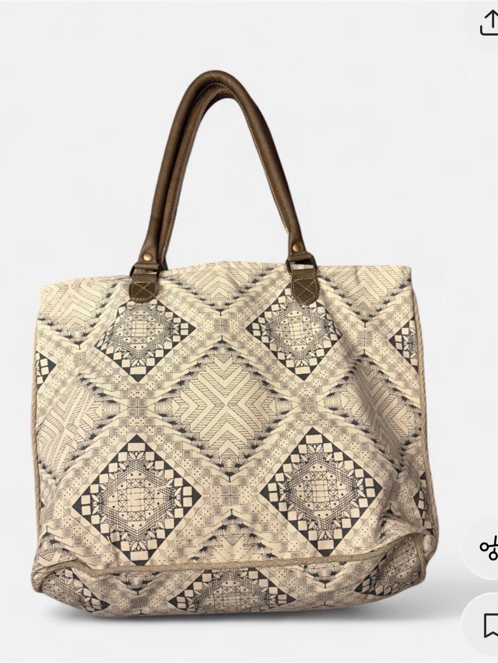Myra Bag Canvas Geometric Tote Bag with Brown Handles